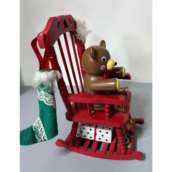 Vtg Christmas Rocking Chair Music Box Teddy Bear Wooden Holiday Decor - Picture 5 of 8